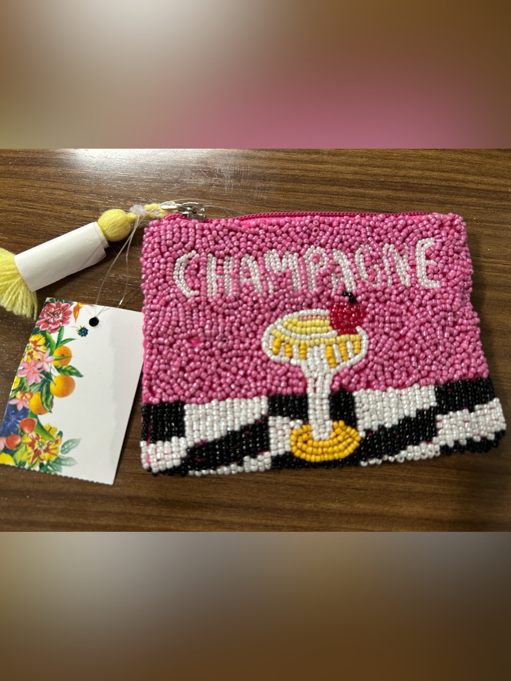 America and Beyond hand Beaded Gorgeous'Champagne' wristlet /Coin Pouch w/Tassel